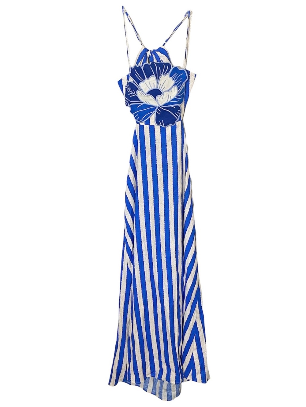 Farm Rio Blue Cream Striped Linen Blend 3D Floral Detail Maxi Dress NWT Medium - Picture 4 of 9